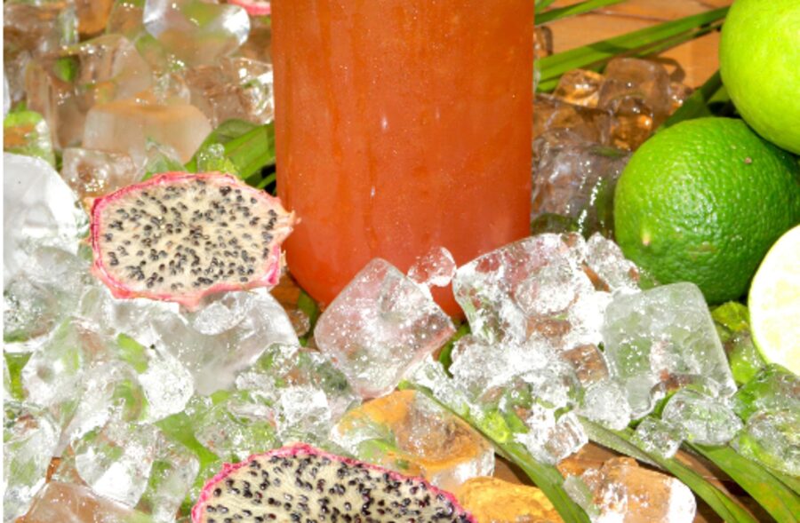 Craft cocktail with dragonfruit and lime garnish at The Triangle at Little River